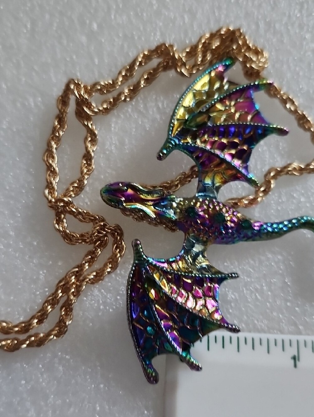 Hand Crafted Iridescent Dragon Pendant Necklace - Gold Chain - Picture 11 of 11